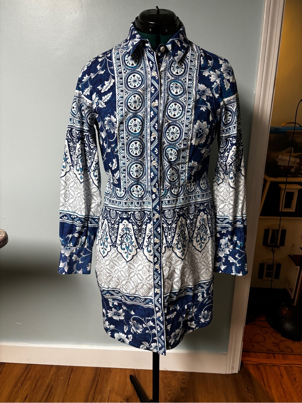 Anthropologie Blue and White Floral Button-Up Dress
